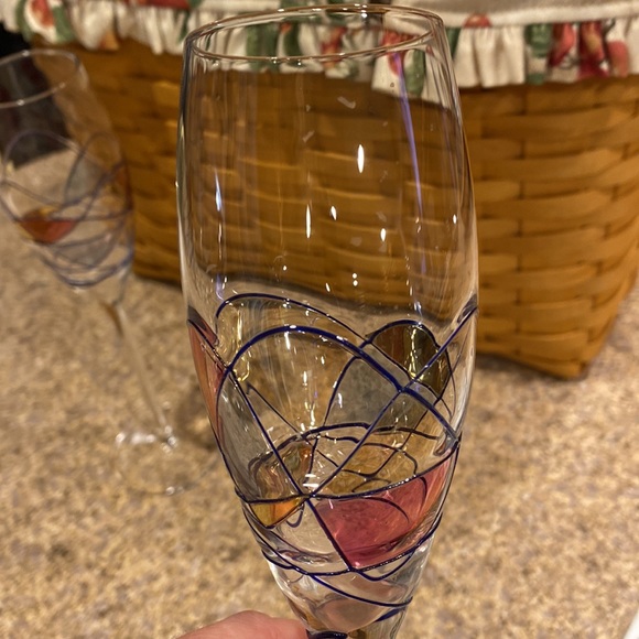 Milano Collection Set of 2 Flute Glasses Vivid Color Swirls with Gold - Picture 8 of 17